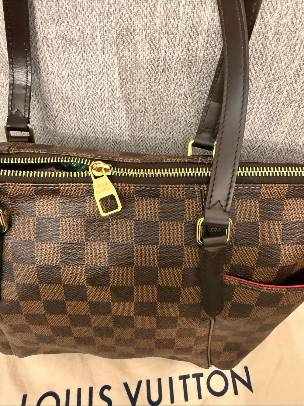Louis Vuitton Damier Ebene Canvas Shopper Tote with Red Interior Accents - Picture 4 of 14